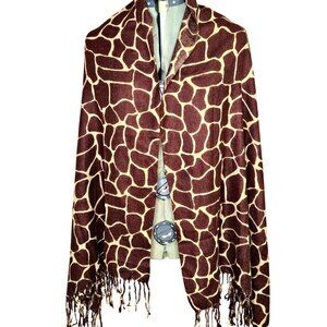 Woman's Pashmina Boho anima lcore giraffe print fringe shawl OS 26x66 SOFT